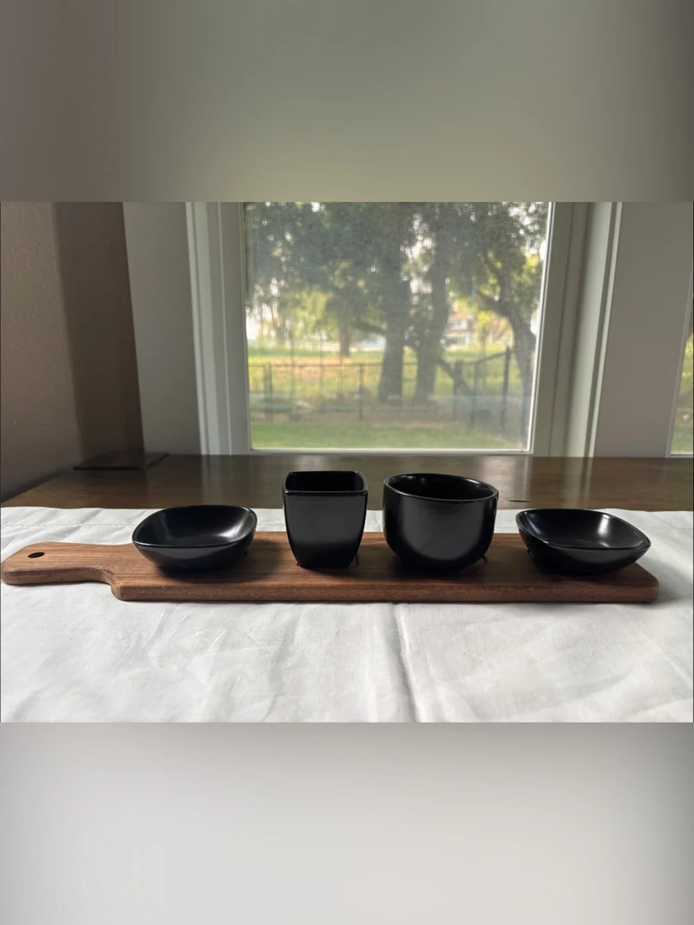 Black Appetizer Set- 4 Bowls with Wooden Tray